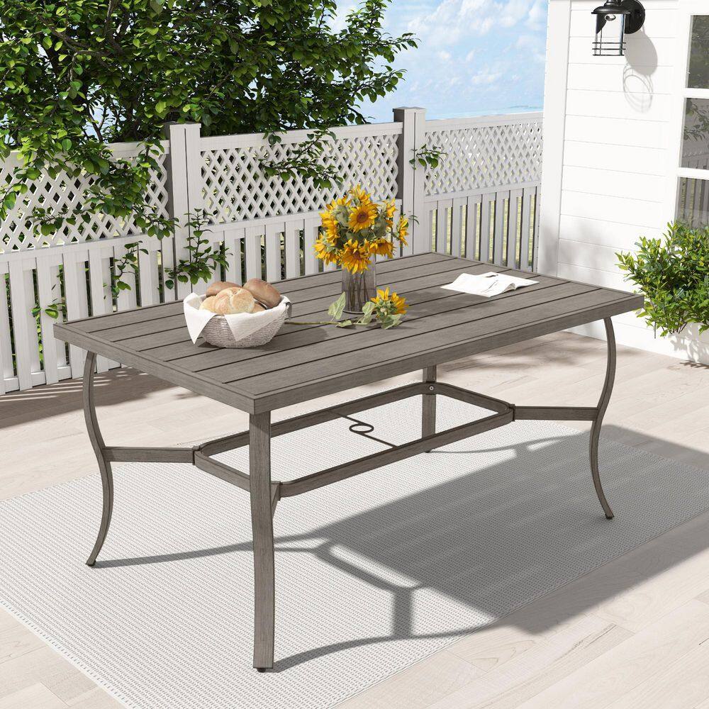 AluLux 6-Person Gray Rectangular Aluminum Outdoor Dining Table with Umbrella Hole