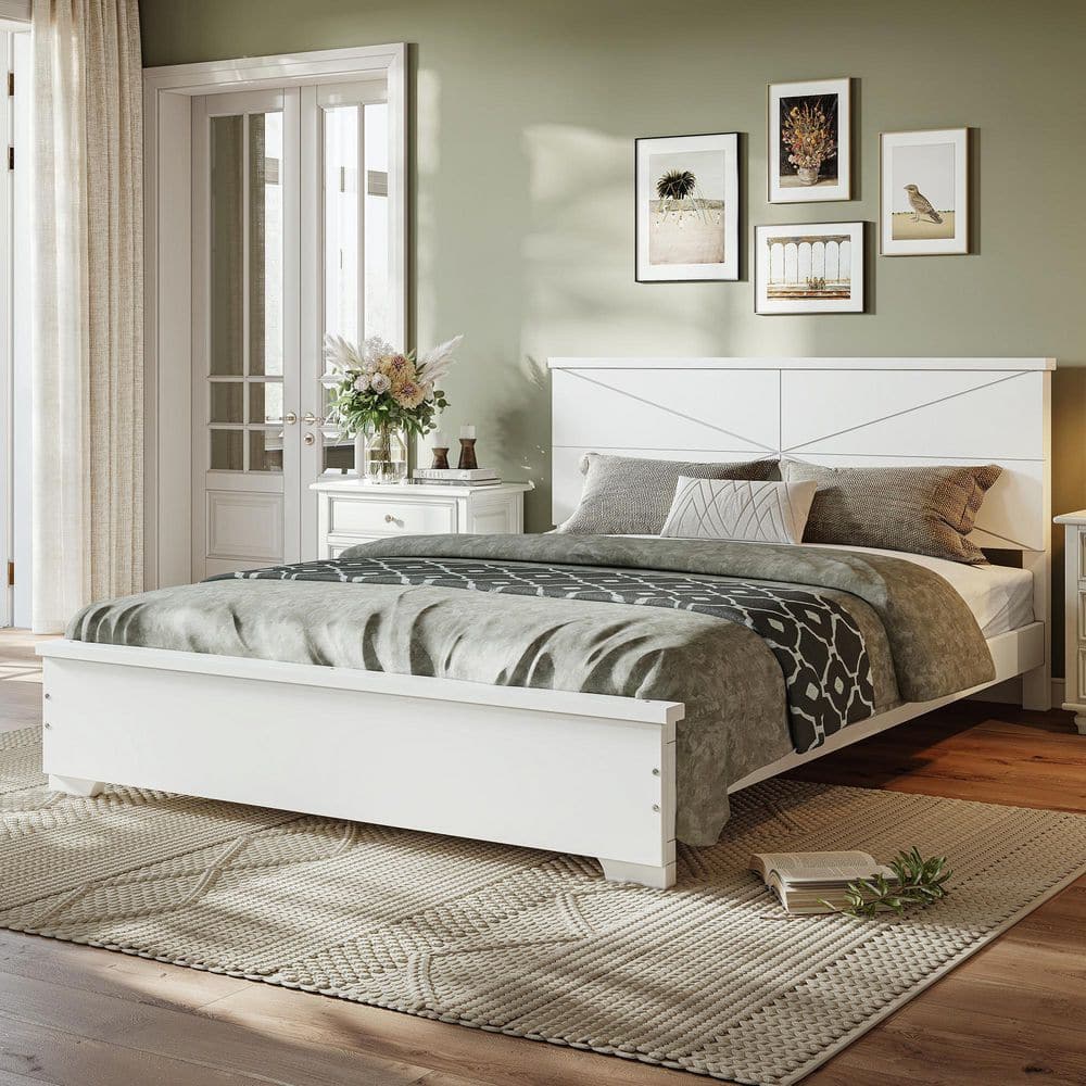 Polibi White Bamboo Frame Queen Size Platform Bed with Chic Design