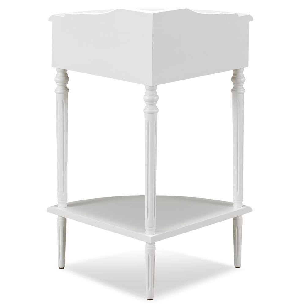 White Triangular Solid Wood Corner Table with Storage Drawer