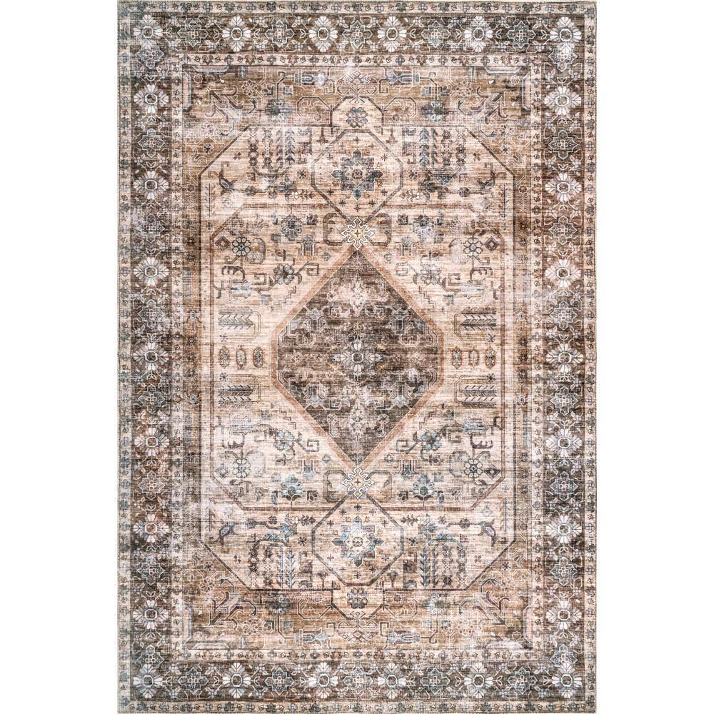 Devin Light Brown Synthetic Oriental Washable 5x8 Area Rug