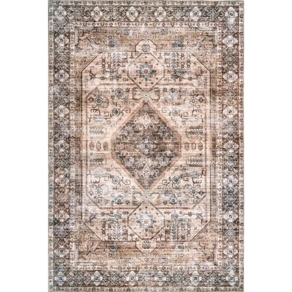 nuLOOM Devin Machine Washable Vintage Medallion Light Brown 8 ft. x 10 ft. Area Rug