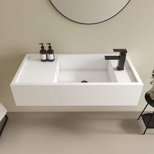 39 x 19 in. Solid Surface Wall Mount Bathroom Vessel Sink with Faucet Hole in Right