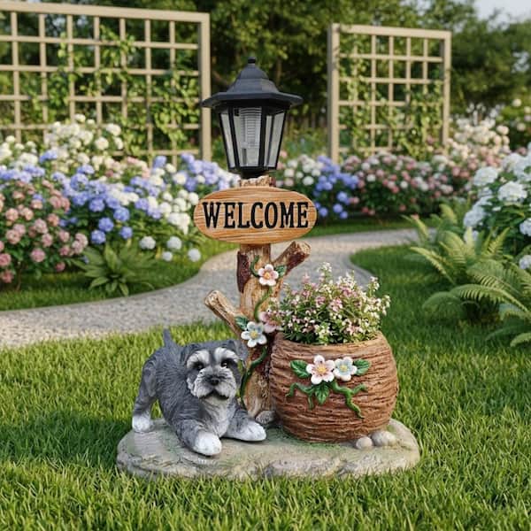 Schnauzer Dog Solar Planter Garden Statue, Resin Outdoor Decor