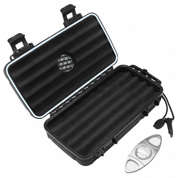 8.8 in. W x 2.09 in. H Black ABS Travel Cigar Humidor Case Material with Humidifier Disc and Cutter
