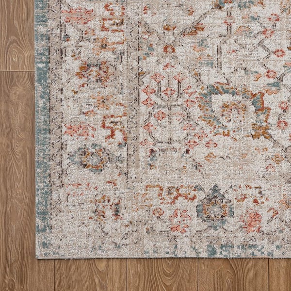Anamica Distressed Beige/Cream 7 ft. 9 in. x 9 ft. 9 in. Persian Border Polypropylene Indoor/Outdoor Area Rug