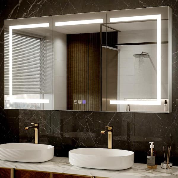 60 in. W x 32 in. H Recessed/Surface Mount LED Lighted Bathroom Medicine Mirror Cabinet with Anti-Fog, Qutlet & USBs