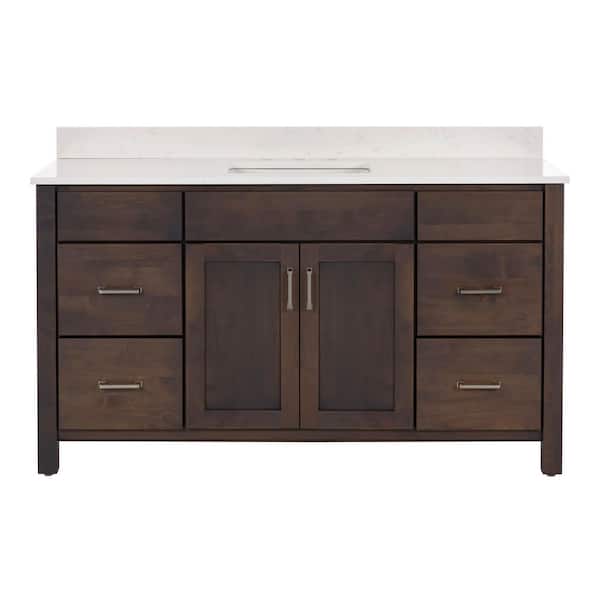 Kingham 61 in. Single Sink River Rock Brown Freestanding Bath Vanity with Golden Carrara Quartz Top Assembled