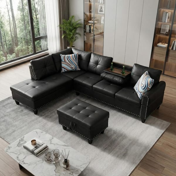 Black Faux Leather Sectional with Storage Ottoman,Left Hand Facing