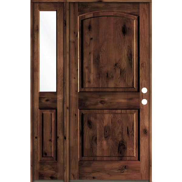 56 in. x 80 in. Knotty Alder Left-Hand/Inswing Clear Glass Provincial Stain Wood Prehung Front Door with Sidelite