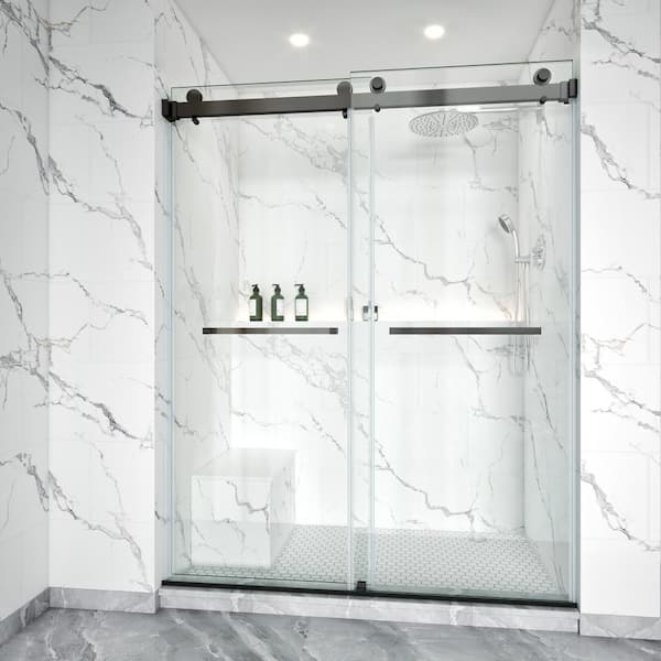 56-60 in. W x 72 in. H Double Sliding Frameless Shower Door MatteBlack with 3/8 in. Clear Glass