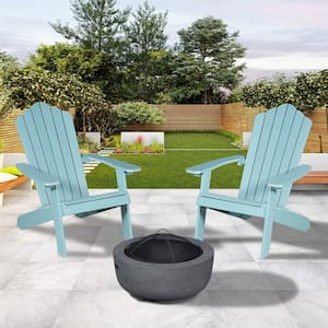 Lanier Lake Blue 3-Piece Recycled Plastic Patio Conversation Adirondack Chair Set with a Grey Wood-Burning Firepit