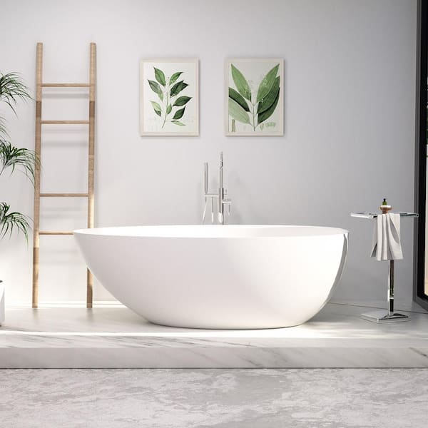 INSTER Juno 67 In. X 34.6 In. Solid Surface Non-Whirlpool Eggy Shape Soaking Bathtub in White