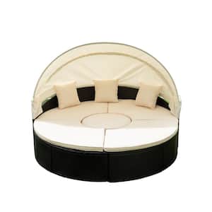 Black Wicker Outdoor Patio Round Day Bed with Retractable Canopy Rattan Wicker Sectional Seating Set With Creme Cushions