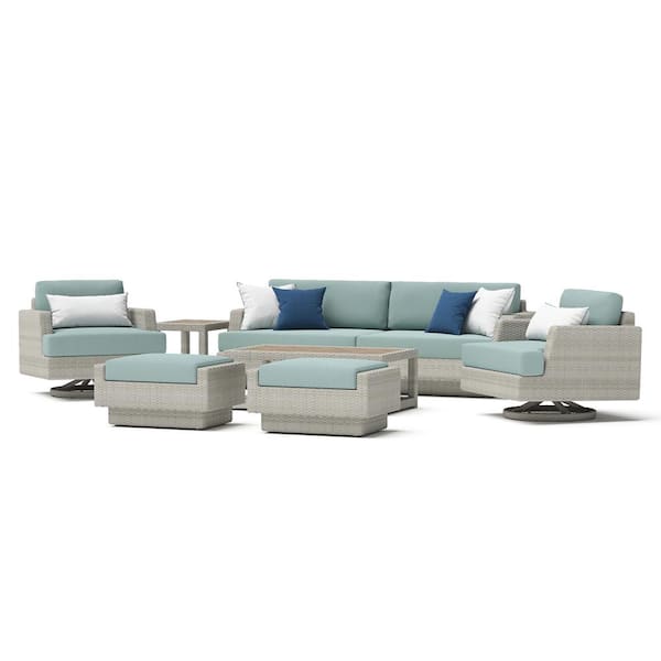 Portofino Comfort Gray 7-Piece Aluminum Patio Conversation Seating Set with Sunbrella Spa Blue Cushions