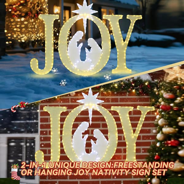 49 in. Outdoor Christmas Decoration JOY Nativity Scene with White LED Lights