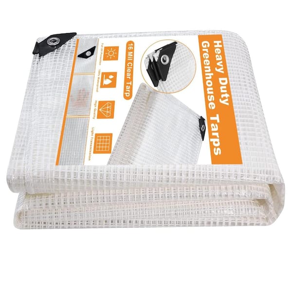 Heavy Duty 16 Mil Clear Greenhouse Cover 8×12FT, Waterproof UV Poly Tarp with Grommets