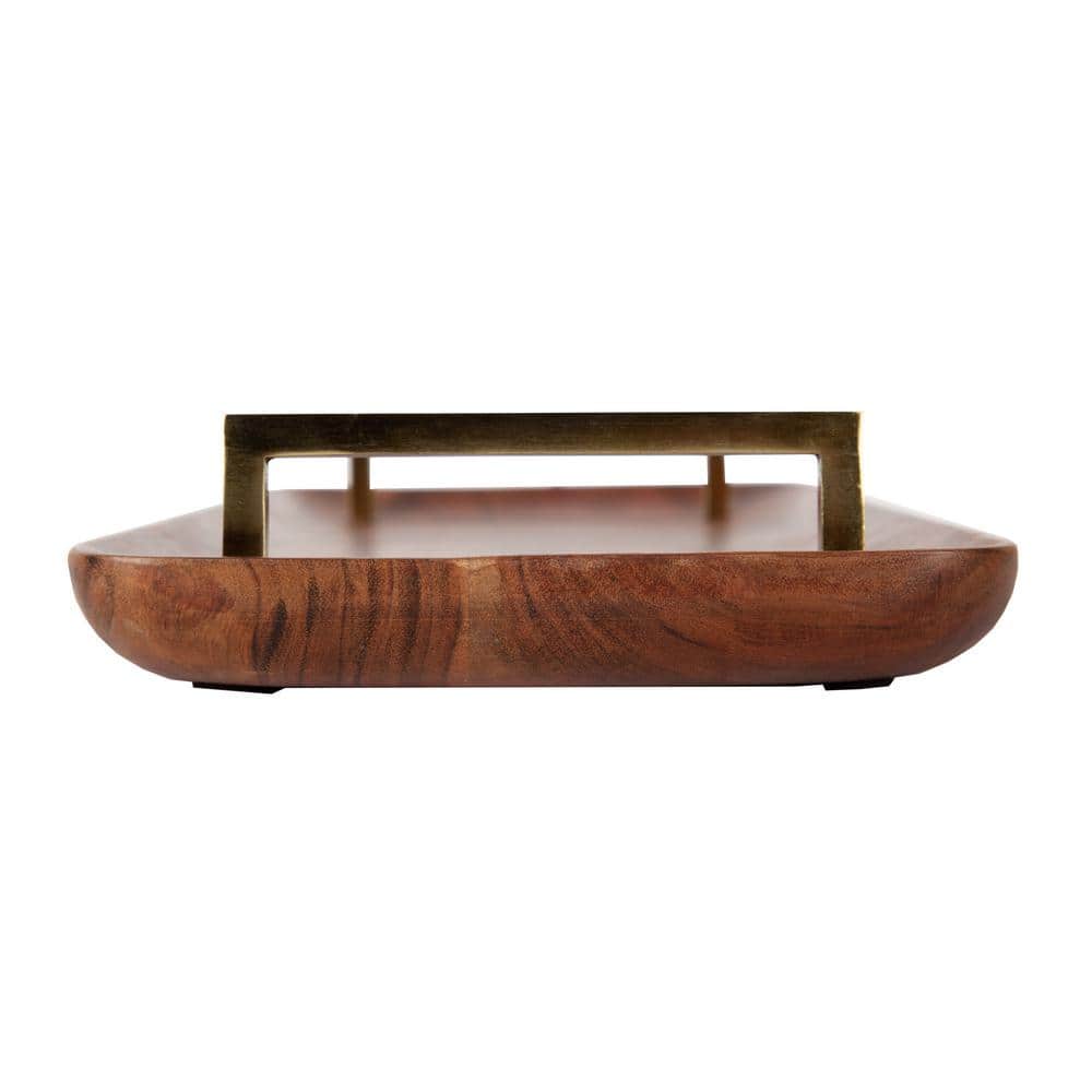 Walnut Brown Acacia Wood Rectangular Serving Tray with Gold Handles