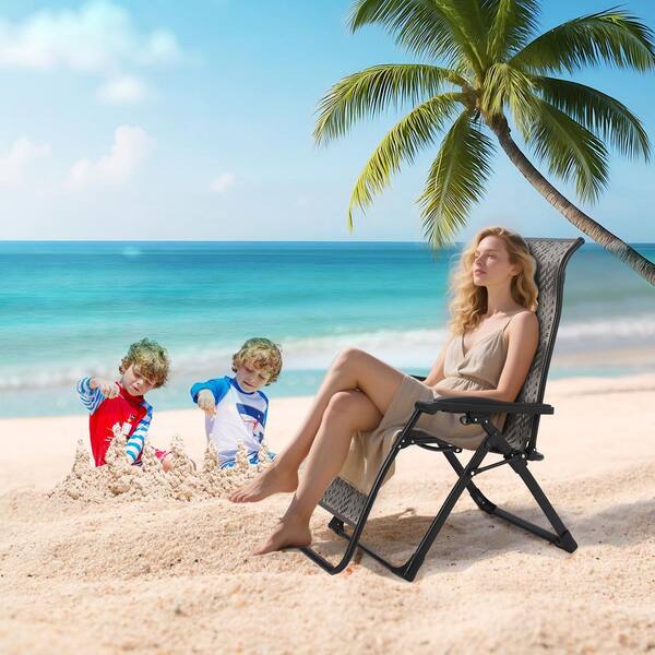 Black Steel Folding Outdoor Lounge Chair with PE Rattan Seat