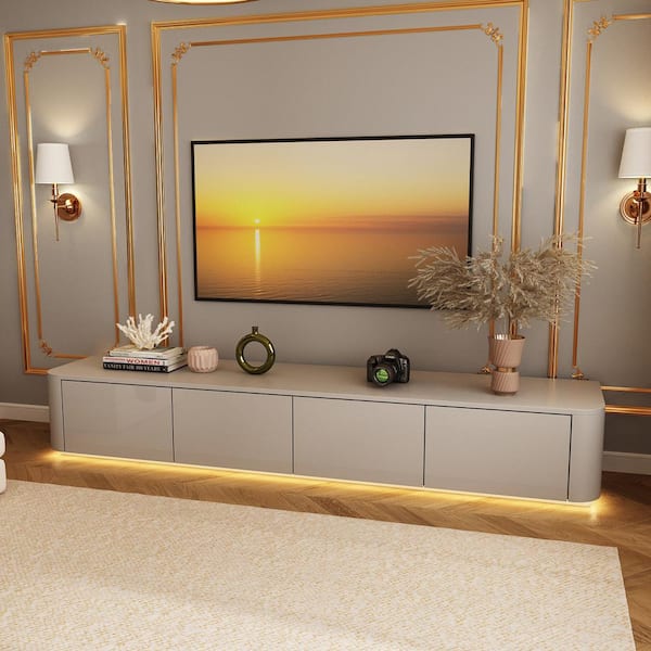 FUFU&GAGA Modern Wood Matte Gray TV Stand Media Console with High Gloss Drawers and Lights, Fits TV's Up To 80 in.