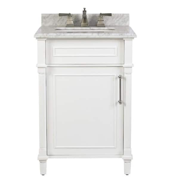 Aberdeen 24 in. Single Sink White Bath Vanity with Carrara Marble Top (Assembled)