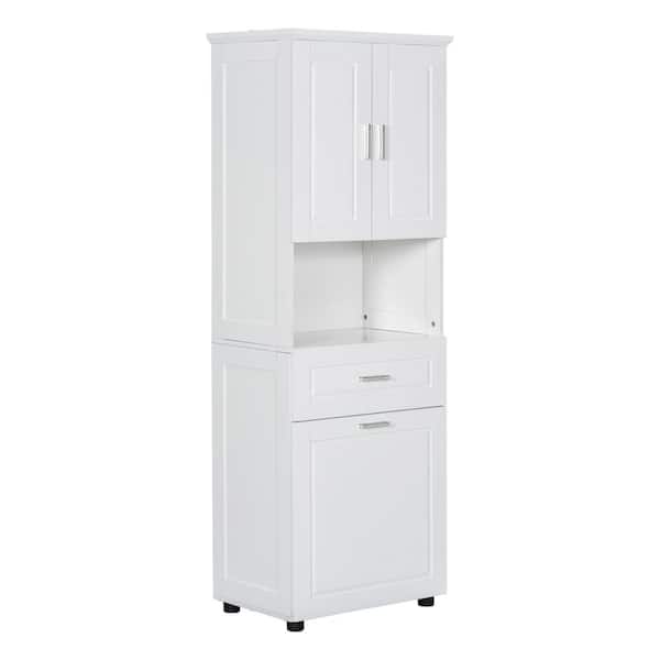 25 in. W x 16 in. D x 70 in. H White MDF Freestanding Linen Cabinet with Laundry Basket, Drawers, Adjustable Shelf