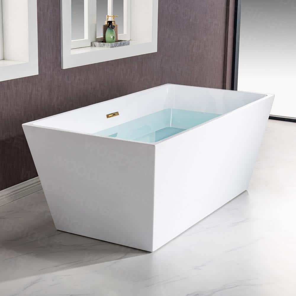 59'' White Acrylic Freestanding Rectangular Bathtub with Brushed Gold Trim