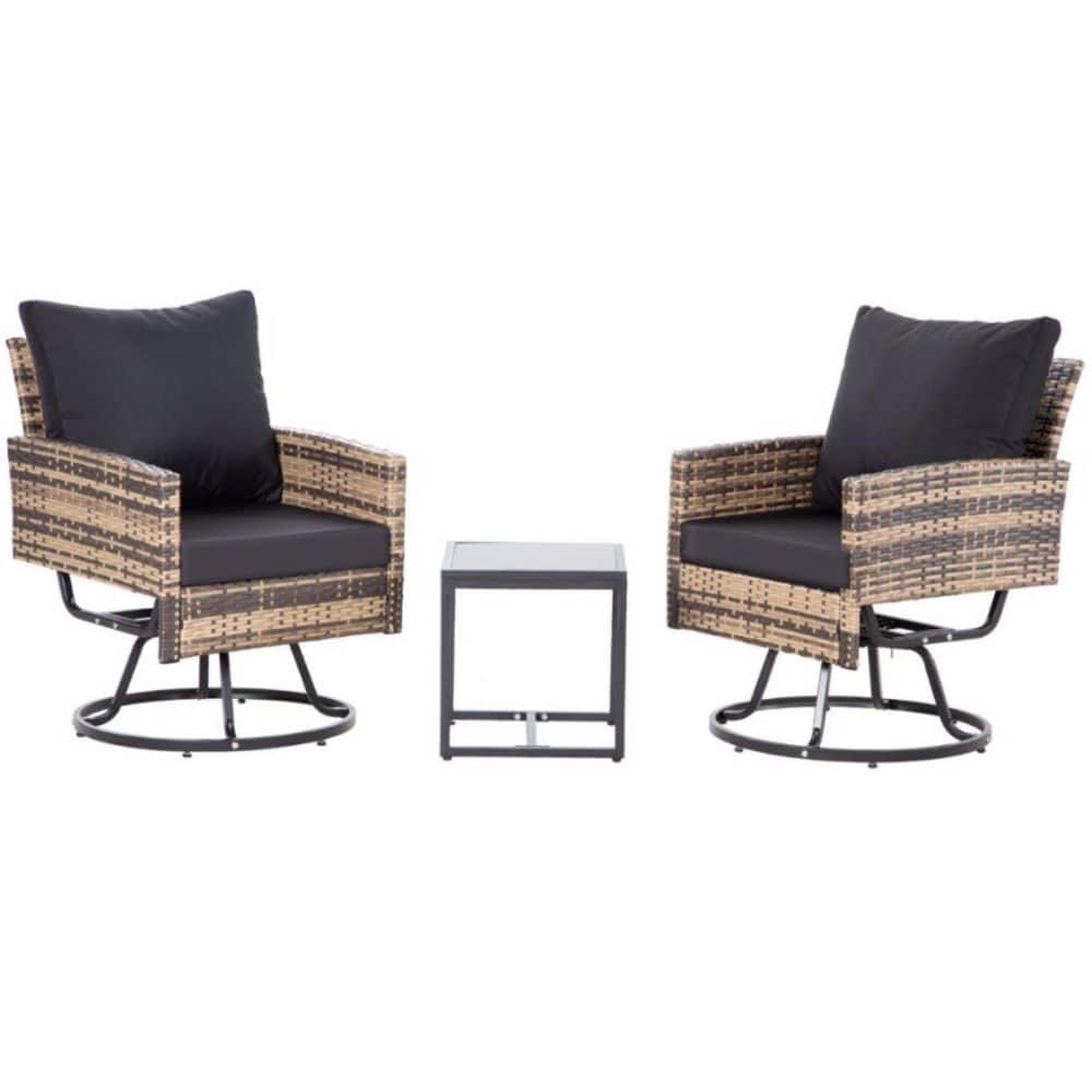 3 Pieces Wicker Patio Conversation Set with Black Cushions, Rattan Swivel Chairs with Coffee Table for Deck Brown Wicker price history on PriceWatchPro