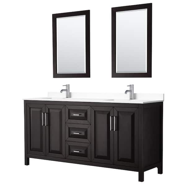Wyndham Collection Daria 72 in. W x 22 in. D Double Vanity in Dark Espresso with Cultured Marble Vanity Top in White with Basins & Mirrors