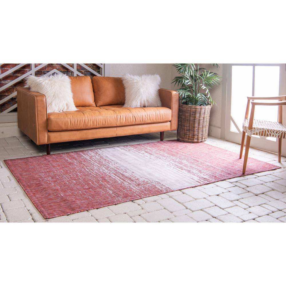 Rust Red and Gray Synthetic Outdoor Rectangular Area Rug