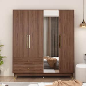 Brown Wood Grain MDF Wood Board 63 in. Width Armoire Wardrobe with Mirrored Door, Hanging, Shelves and Drawers