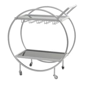 Silver Rolling 2 Mirrored Shelves Bar Cart with Wine Glass Storage and Handle