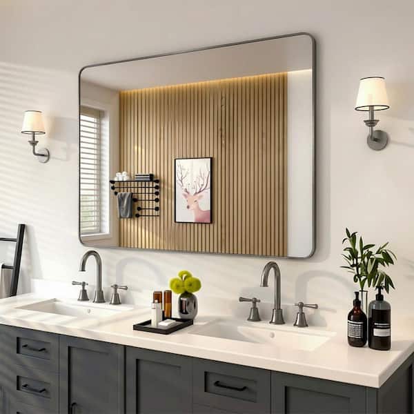 48 in. W x 36 in. H Rectangular Framed Wall Bathroom Vanity Mirror in Gun Grey