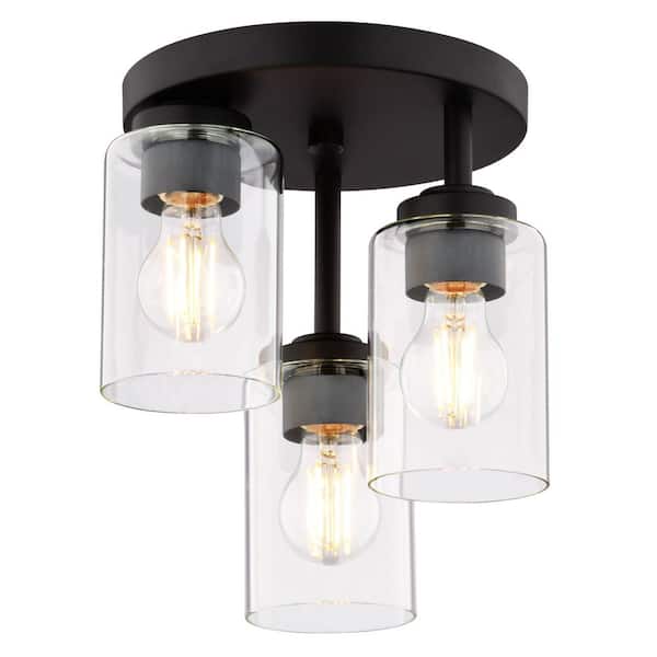Park Ridge 10.5 in. 3-Light Matte Black Transitional Cylinder Flush Mount Lighting Fixture with Clear Glass Shade