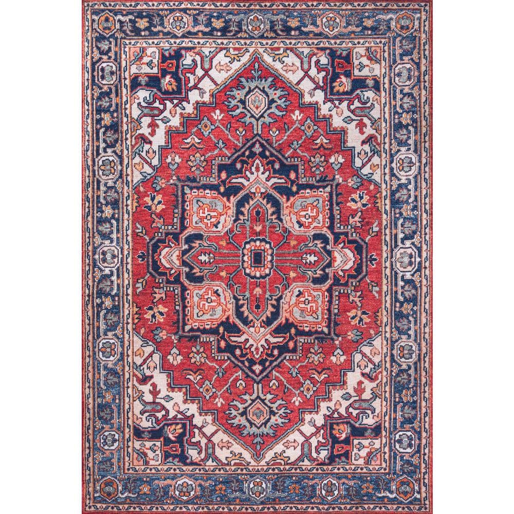 Bohemian Diamond Medallion 3x5 Red/Navy Easy-Care Area Rug