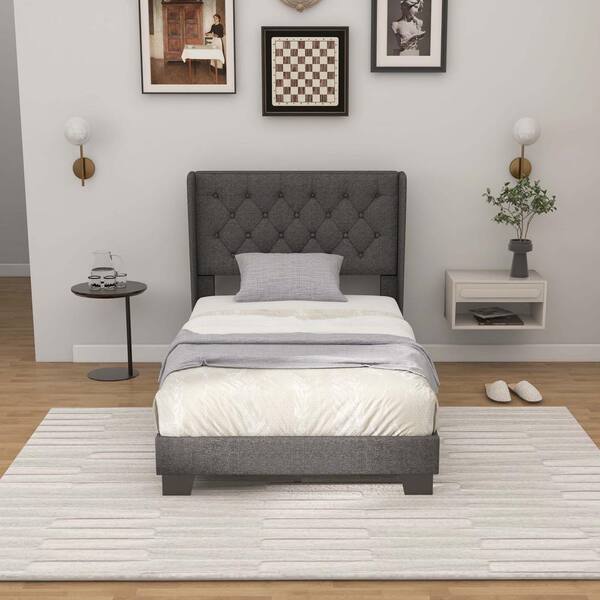 Costway Gray Wood Frame Twin Size Upholstered Platform Bed