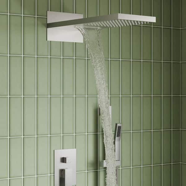 3-Spray 22 in. Wall Mount Rain and Waterfall Dual Fixed and Handheld Shower Head 2.5 GPM in Brushed Nickel