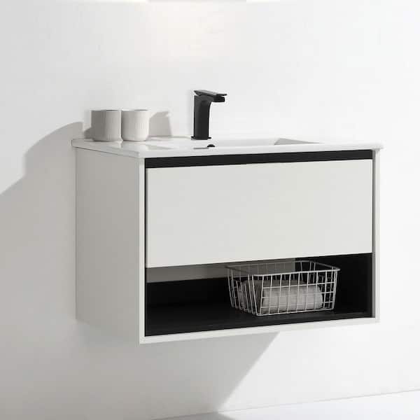 tunuo 30 in. W x 18.3 in. D x 20.3 in. H Wall Mount Bath Vanity in White with White Ceramic Top with White Basin