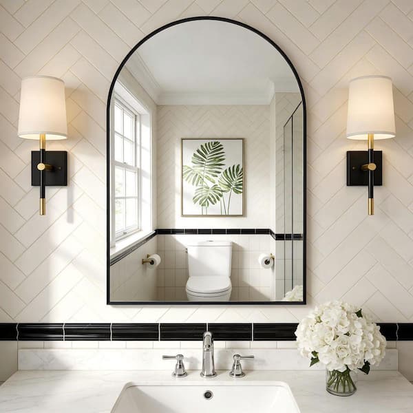 Thi 24 in. W x 32 in. H Modern Arched Aluminum Framed Living Room Wall Mirror Bathroom Vanity Hanging Mirror in Black