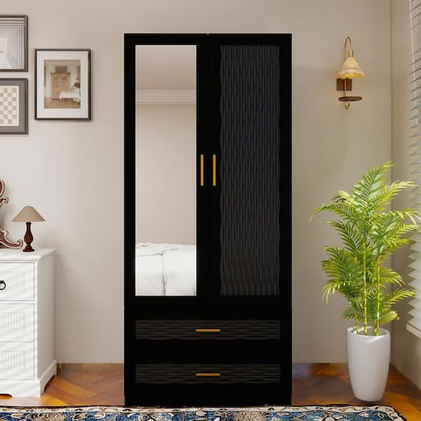 Black wardrobe with mirror and drawers discount