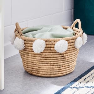 Oval Natural Water Hyacinth Decorative Basket with White Pompom Balls