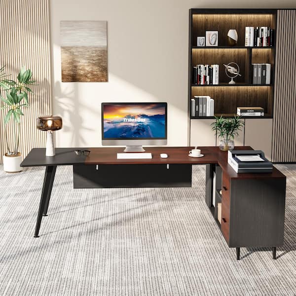 BYBLIGHT Lanita 79 in. L-Shaped Brown Wood Computer Desk with File Cabinet,  Large Executive Office Desk with Shelves, Business BB-F1502XF - The Home  Depot