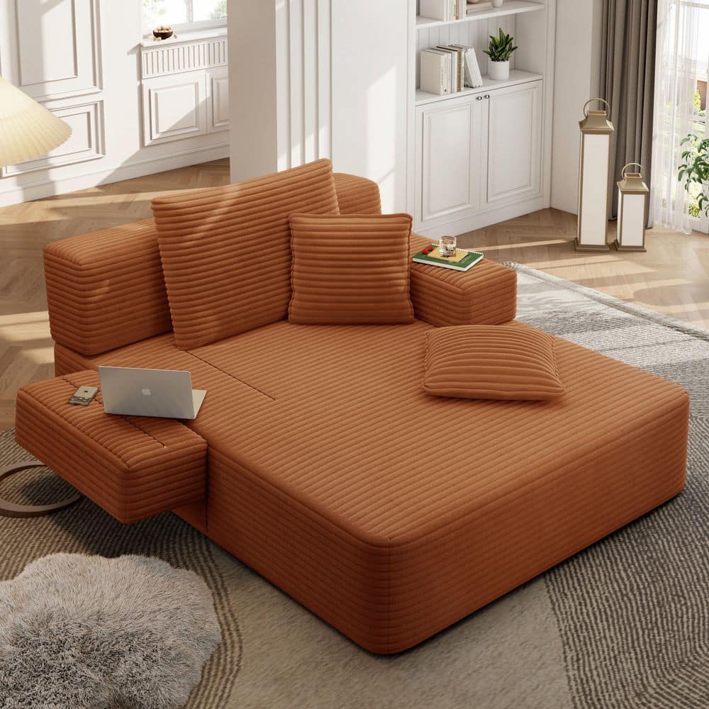 Orange Plush Corduroy Convertible Chaise Lounge Sleeper Sofa Bed with Foam and Spring Support, No Assembly Required price history on PriceWatchPro