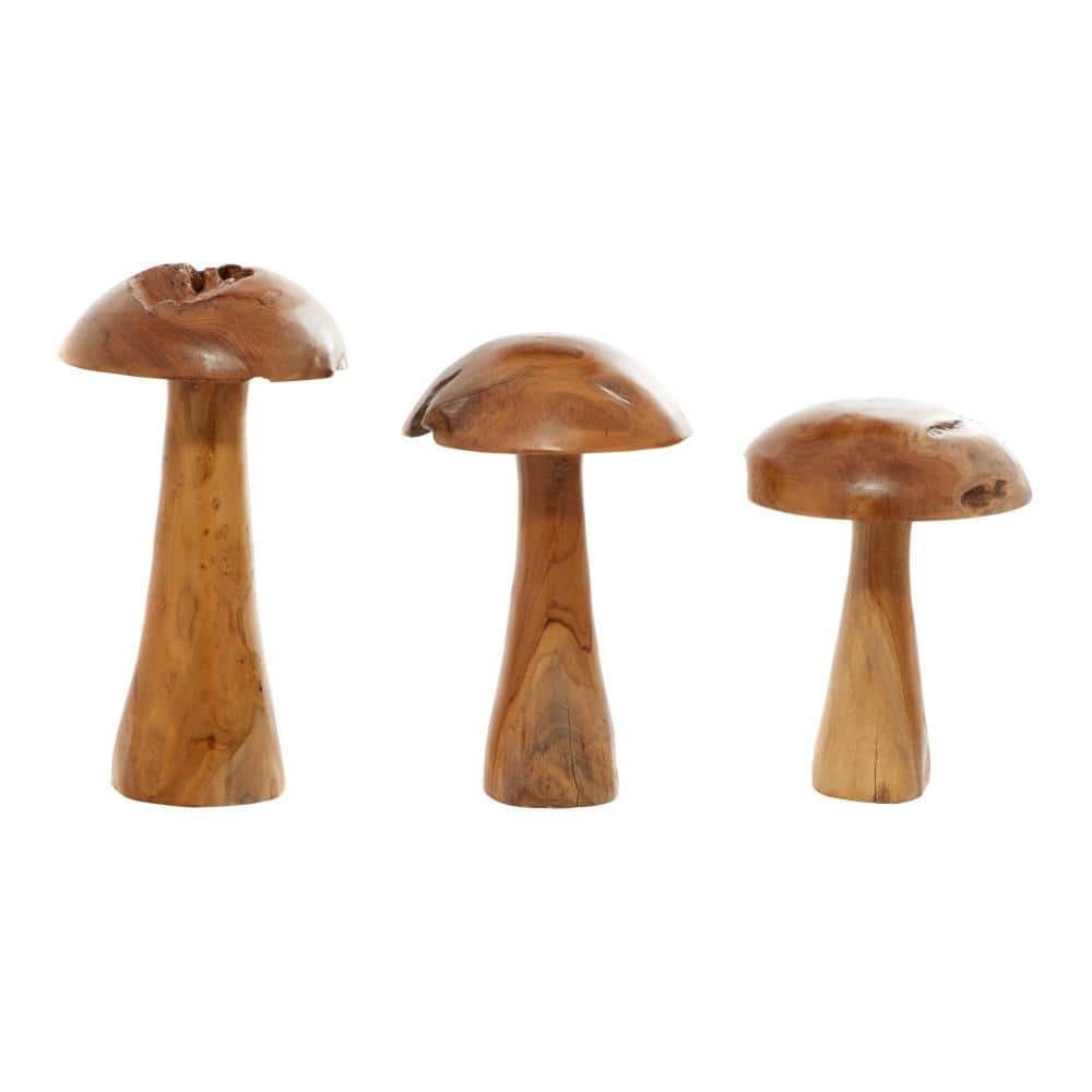 Handcrafted Teak Wood Mushroom Sculptures in Natural Brown, Set of 3