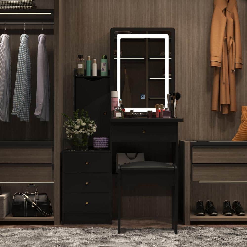 4-Drawers Black Wood LED Push-Pull Mirror Makeup Vanity Sets Dressing Table Sets with Stool, Door Cabinet, Shelves - thumbnail 10