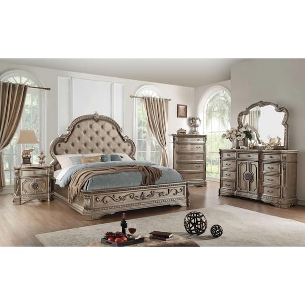 HomeRoots 90 in. x 84 in. x 76 in. PU Antique Champagne Eastern King Bed