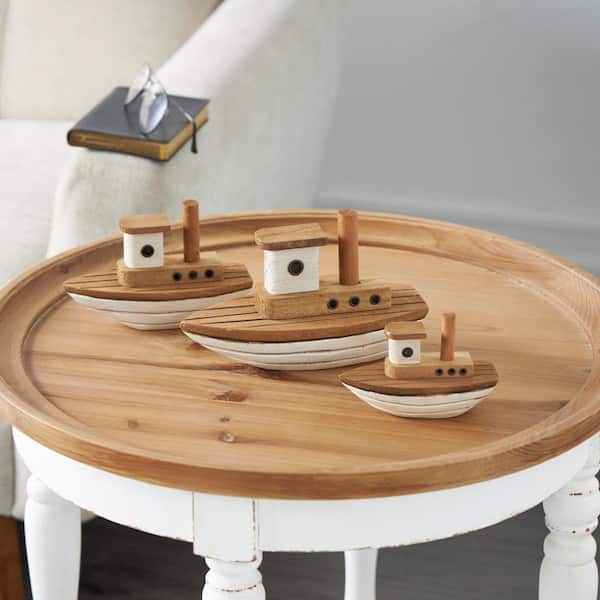 Litton Lane Brown Wood Handmade Boat Sculpture with White Accents Set of 3