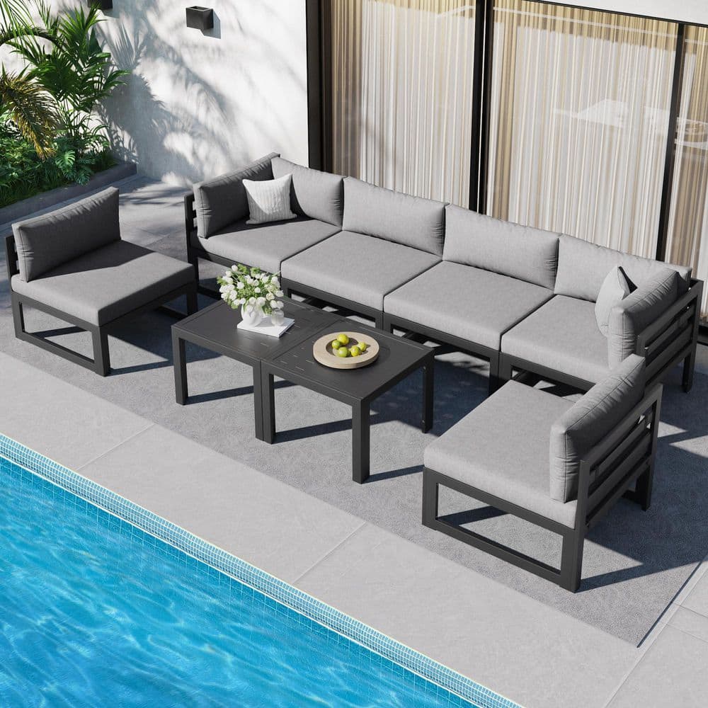 Gray 8-Piece Aluminum Outdoor Patio Conversation Sectional Deep Seating Sof