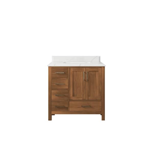 Willow Collections Malibu Teak 36 in. W x 22 in. D x 36 in. H Single Sink Bath Vanity Center in Gold Teak with 1.5" Calacatta Quartz Top