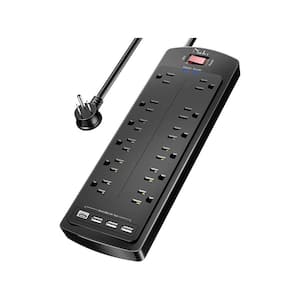 6 ft. Flat Plug Extension Cord Power Strip 12-Outlets Surge Protector in Black with 3 USB and 1 Type C Ports