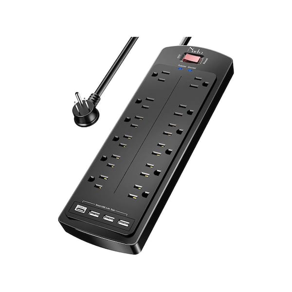 Lukyamzn 6 ft. Flat Plug Extension Cord Power Strip 12-Outlets Surge Protector in Black with 3 USB and 1 Type C Ports
